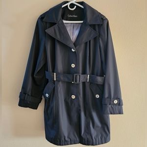 Calvin Klein 1X black, hooded, trench coat with removable belt